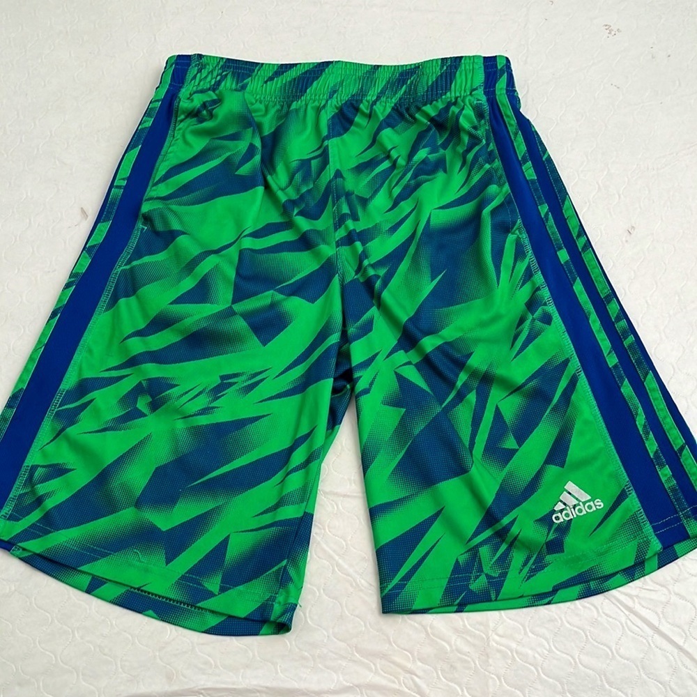 Adidas green and blue print athletic shorts